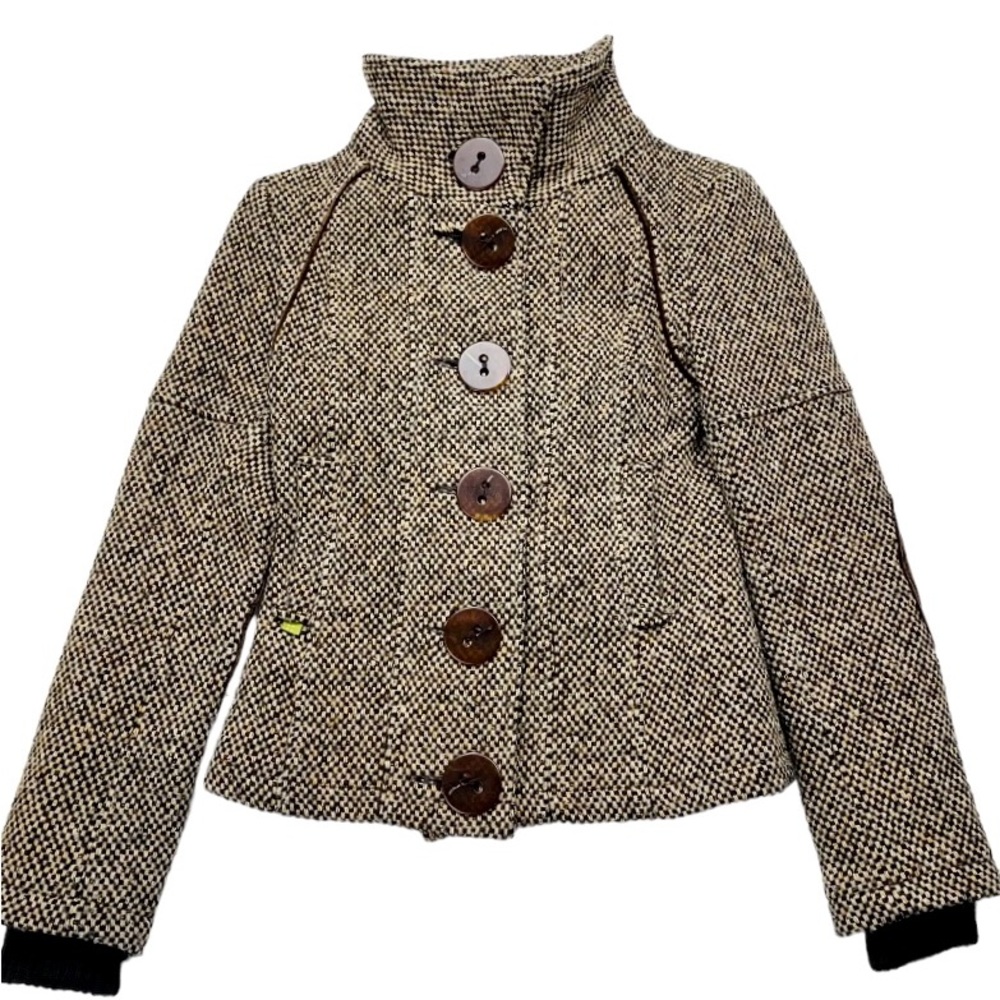 Soia Kyo Womens Sz XS Tweed Wool Jacket Designer Quality Big Button Elbow Pads
